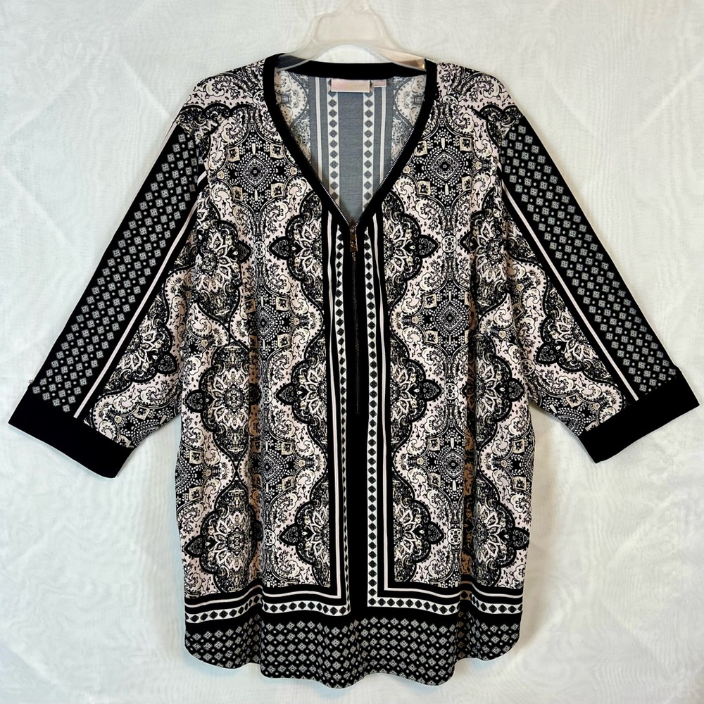 Belle by Kim Gravel Zip-Front Mixed Media Print Top 3/4 Sleeves / 3XL